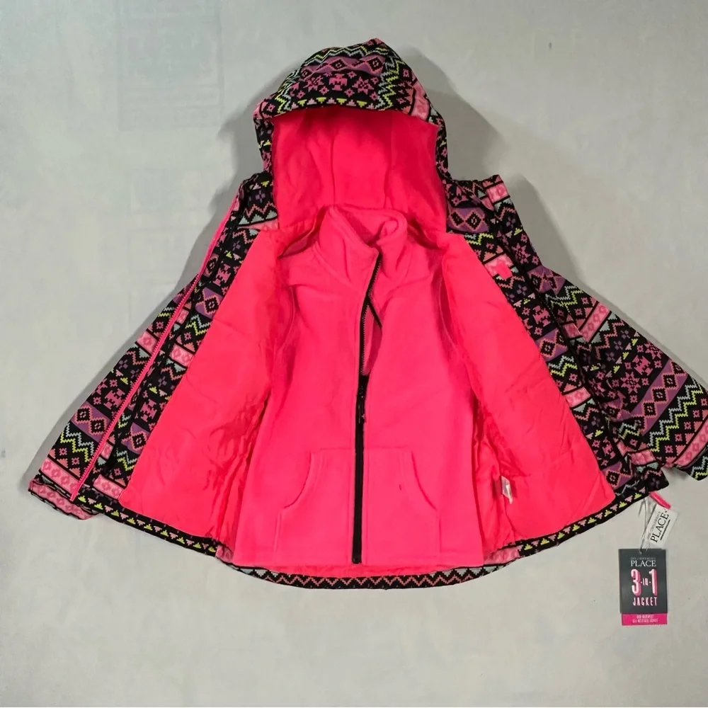 NWT The Children's Place 3 in 1 Pink and Black neon Geometric Jacket Small 5/6